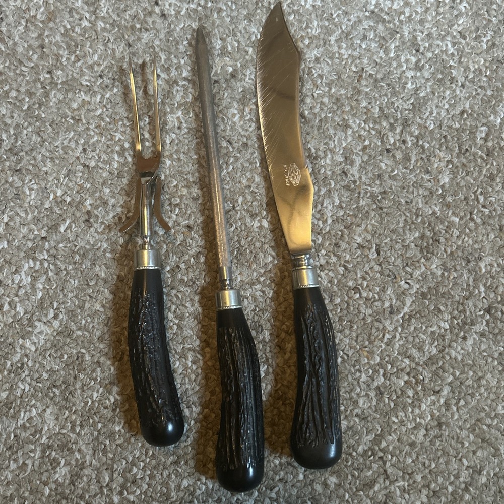 Antique Royal Brand Cutlery 3 piece Faux Stag Horn Carving Set Black Monogram